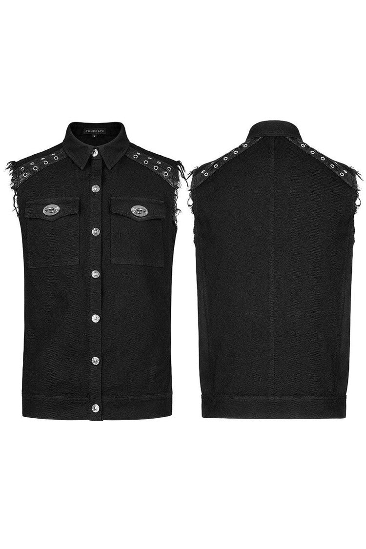 Black Punk Elastic Twill Fabric Featured Flap Pocket Metal Accessories Sleeveless Men's Vest