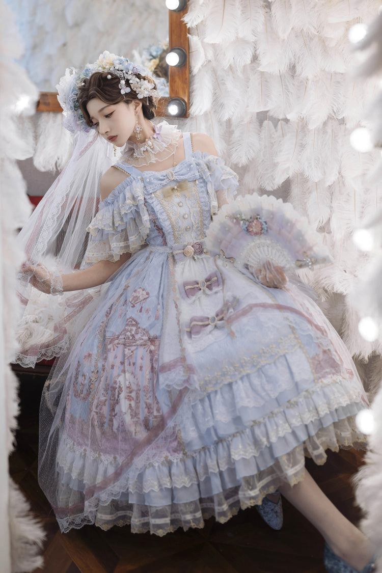 Blue [Moonlight Melody] Off Shoulder Sleeveless Multi-Layered Hanayome Open-Front Bow Lace Sweet Gorgeous Lolita Jsk Dress Set