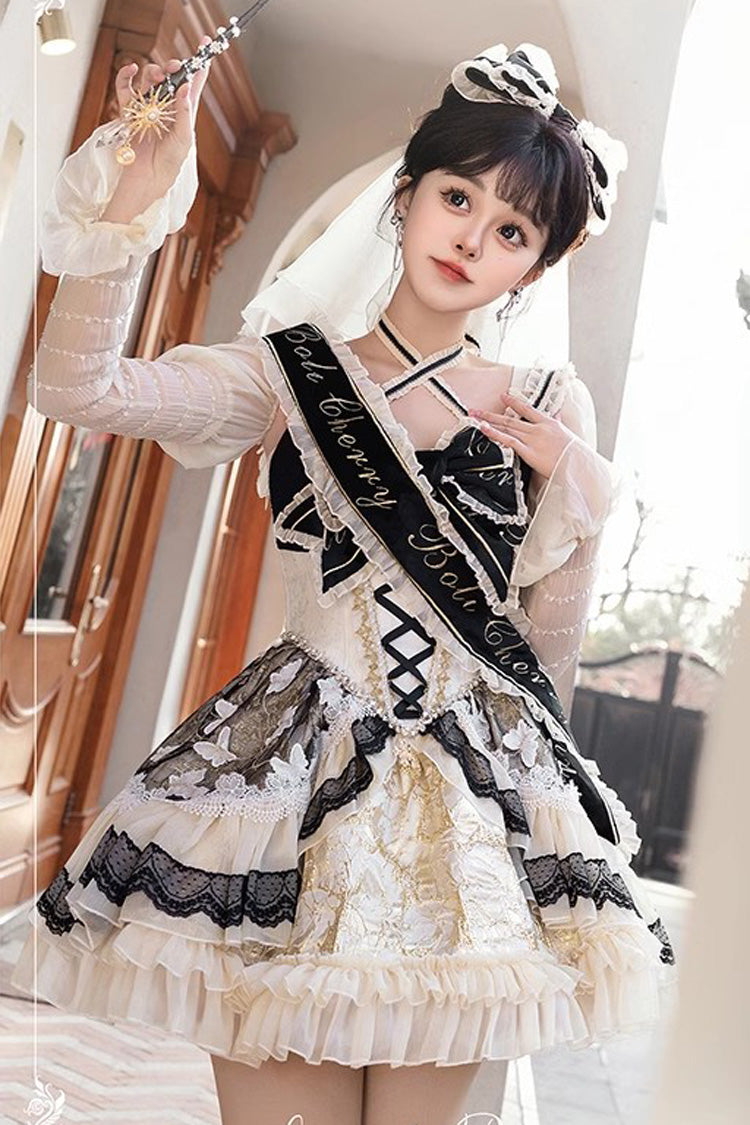 Black/Gold [Lilibet] Print Ruffle Cardigan Bowknot Lace Fishbone Sweet Lolita Dress