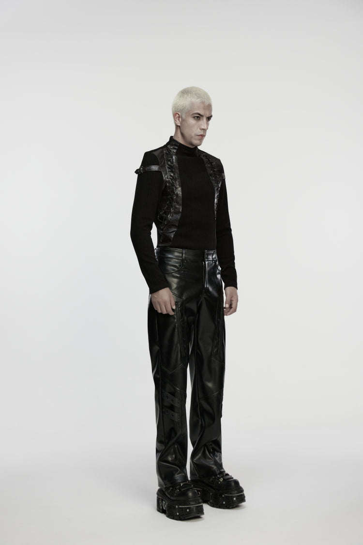 Black Zippered Eyelet Men's Punk Faux Leather Pants