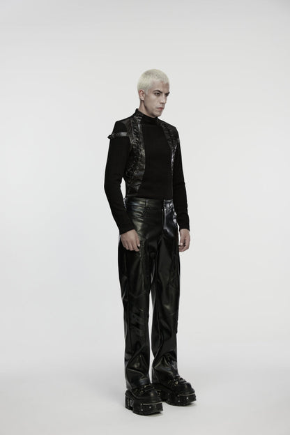 Black Zippered Eyelet Men's Punk Faux Leather Pants