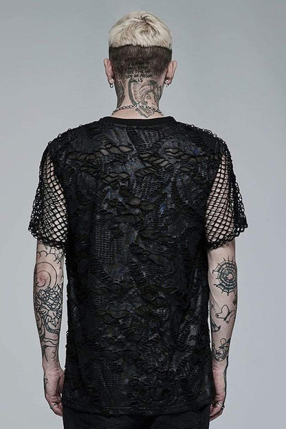 Black Punk Irregular Ripped Mesh Stitching Stretch Loose Knit Short Sleeved Men's T-Shirt