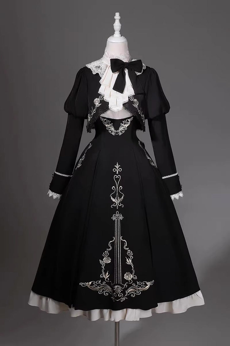 Black/White [Violin Variations] Ruffled Embroidered Gothic Lolita Jumper Dress Set