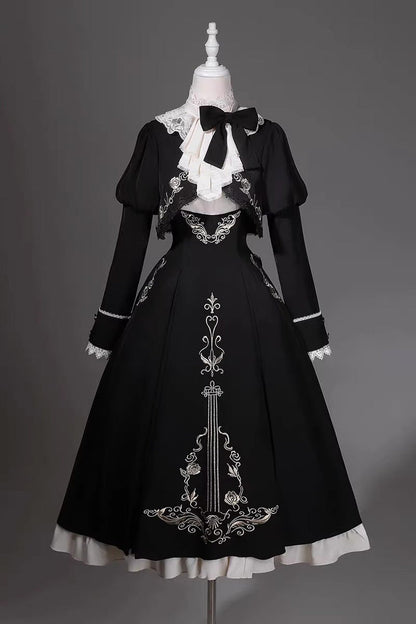 Black/White [Violin Variations] Ruffled Embroidered Gothic Lolita Jumper Dress Set