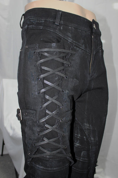 Black Punk Mecha Hand Painted Slim Mens Pants