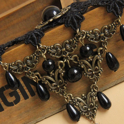 Black Retro Palace Style Lace And Pearl Sweet Necklace