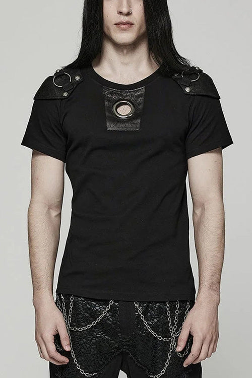 Black Short Sleeves Detachable Shoulder Pad Hollow Mens Steampunk T-Shirt