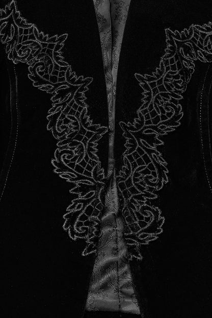 Black V Collar Long Sleeves Floral Embroidery Lace-Up Women's Gothic Jacket
