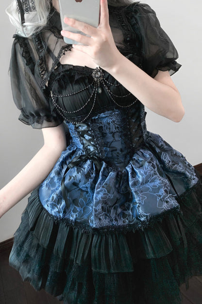 Black/Gray-Blue Ancient Dream of the Dark Night Print Ruffle Gothic Lolita Jsk Dress