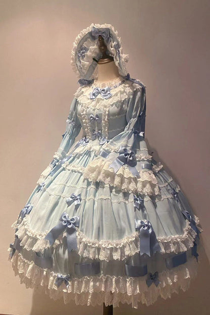 Blue Round Collar Long Trumpet Sleeves Hanayome Bowknot Lace Daily Sweet Elegant Princess Lolita Dress