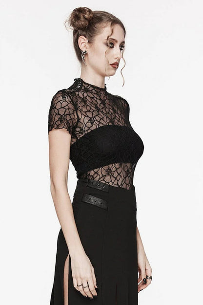 Black Round Collar Short Sleeves Hollow Mesh Women's Gothic Top