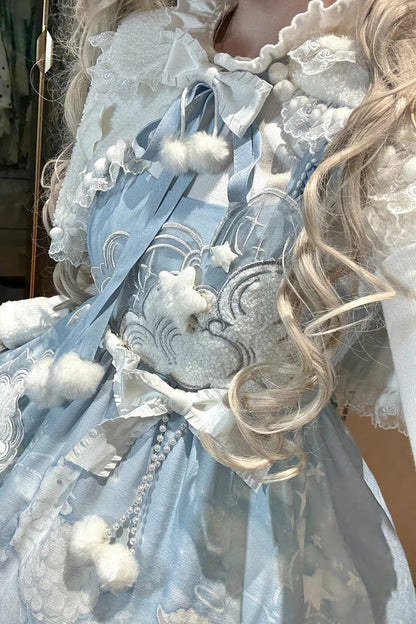 Blue [Cloud Dreamland] Cut-Out Embroidered Bow Lace Asymmetric Sweet Elegant Lolita Jsk Dress Set
