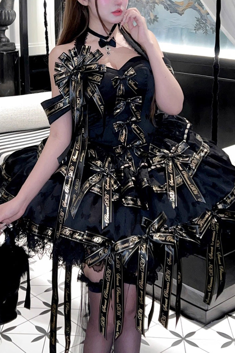 Black [Young Lady] Halterneck Sleeveless Multi-Layered Ruffle Bowknot Elegant Princess Gothic Lolita Dress