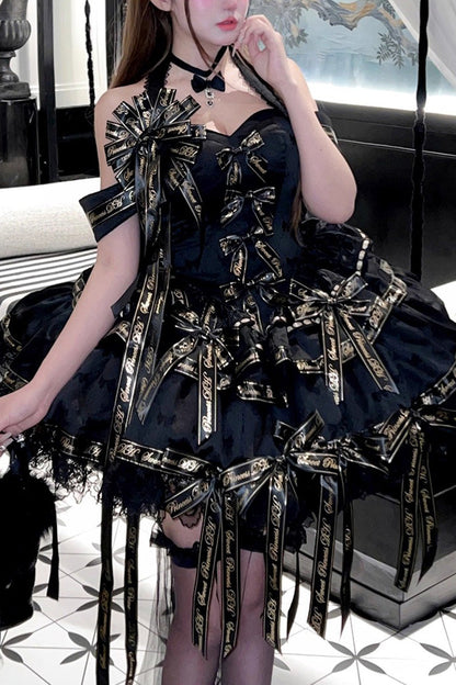 Black [Young Lady] Halterneck Sleeveless Multi-Layered Ruffle Bowknot Elegant Princess Gothic Lolita Dress