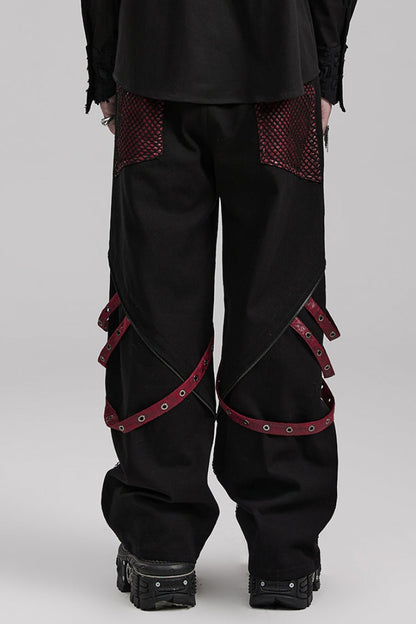 Cracked Leather Stitching Metal Rivet Decoration Mesh Men's Steampunk Pants 2 Colors