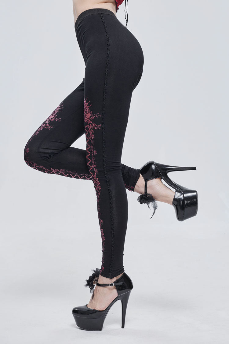 Black/Red Printed Decoration Tie Rope Elasticity Women's Gothic Leggings