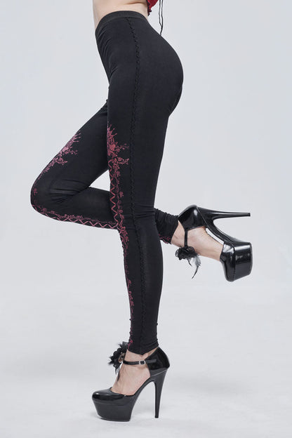 Black/Red Printed Decoration Tie Rope Elasticity Women's Gothic Leggings