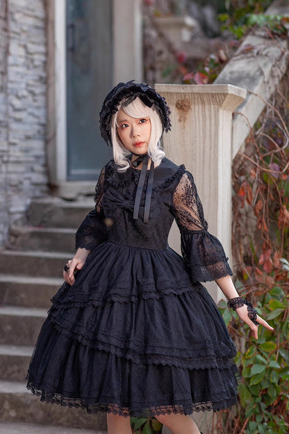 Black Solid Color Tower of Dawn Bowknot Sleeveless Ruffle Gothic Lolita Dress