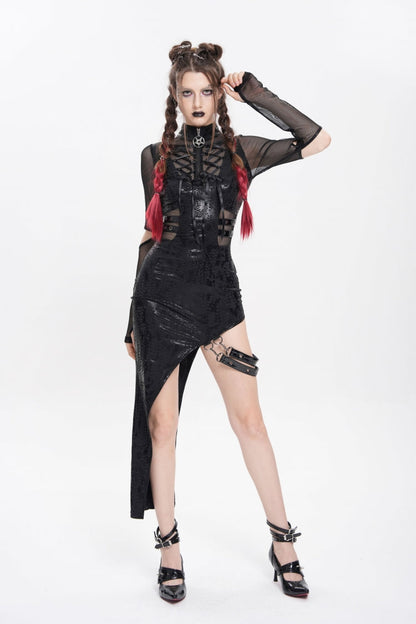 Black Stand Collar Long Sleeves Stitching Lace-Up Mesh Women's Punk Dress with Detachable Strap
