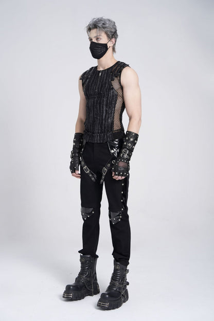 Black Sleeveless Ribbed Print Stitching Mesh Zipper Men's Gothic Vest