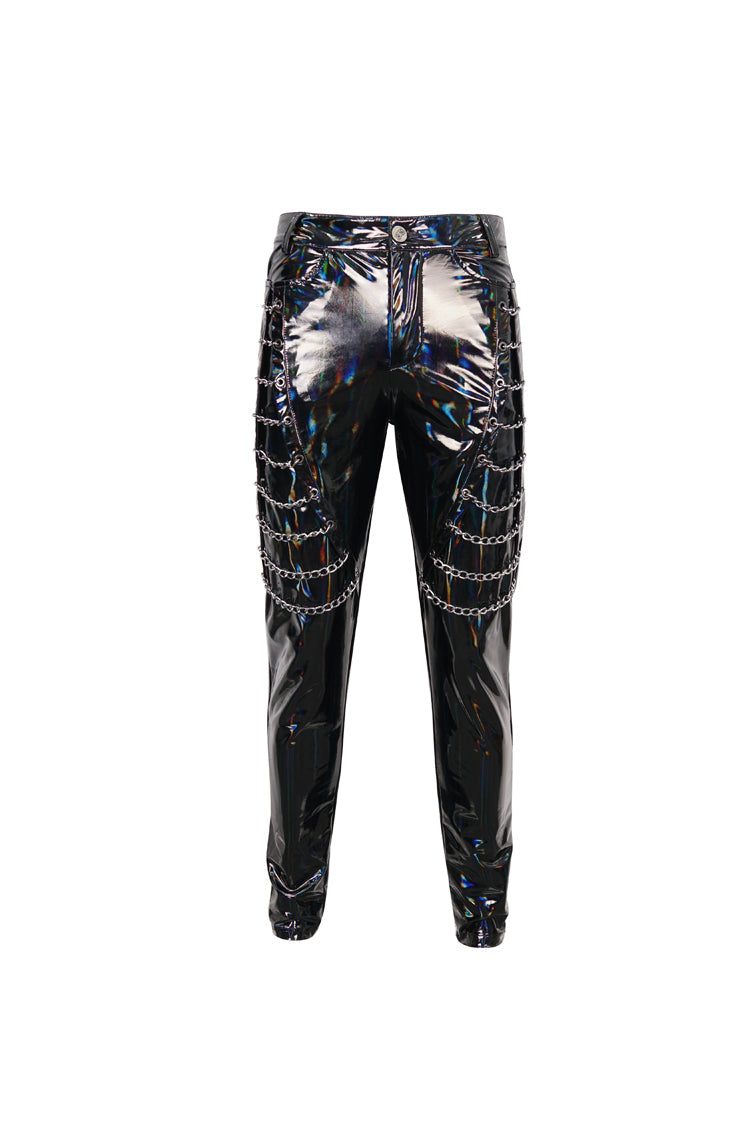 Black Stretch Symphony Metal Chains On Both Sides Versatile Leather Men's Gothic Pants