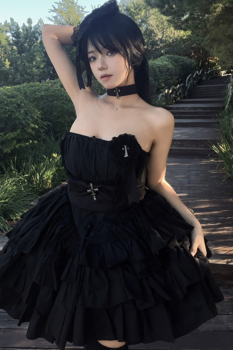 Black Sleeveless Triple-Layered Ruffle Bowknot Lace Gothic Princess Lolita Dress