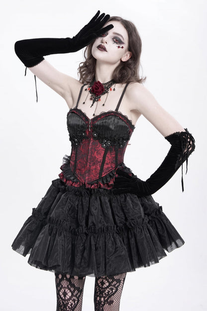 Red Sleeveless Ruffle Embroidery Lace-Up Women's Gothic Tank Top