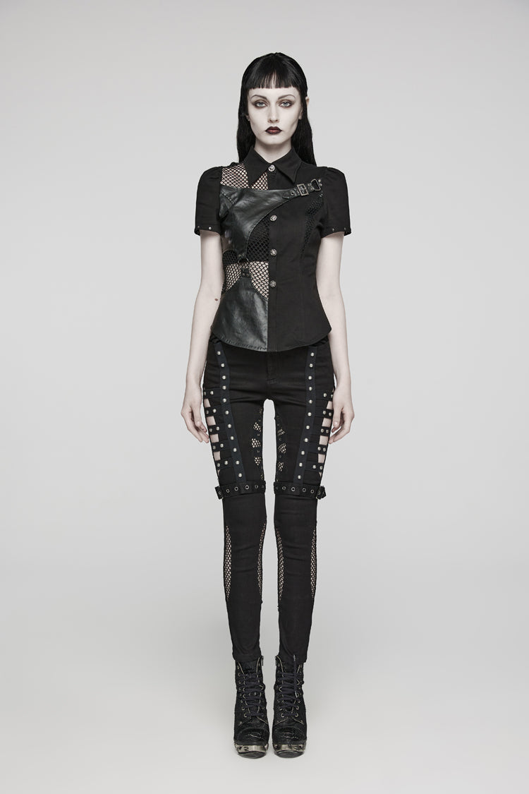 Black Twill Woven Short Sleeves Hollow Leather Stitching Womens Steampunk Blouse