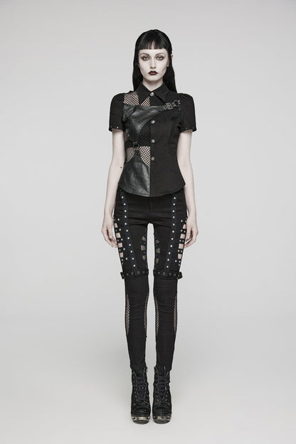 Black Twill Woven Short Sleeves Hollow Leather Stitching Womens Steampunk Blouse