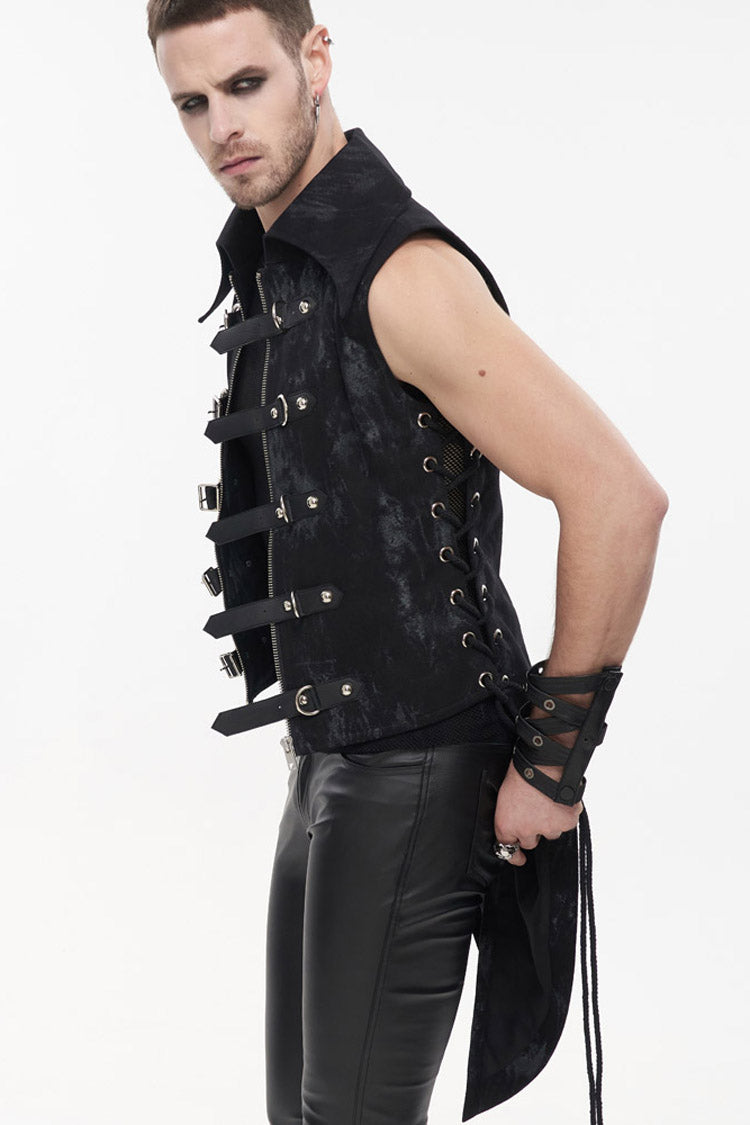 Black Punk Irregular Print D-Shaped Buckle Decoration Waist Side Slits Tied Rope Tight Zipper Men's Dovetail Vest