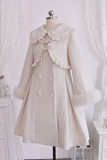 Ivory Double Breasted Bowknot Plush Long Sleeves Fake Two-Piece Woolen Lolita Coat