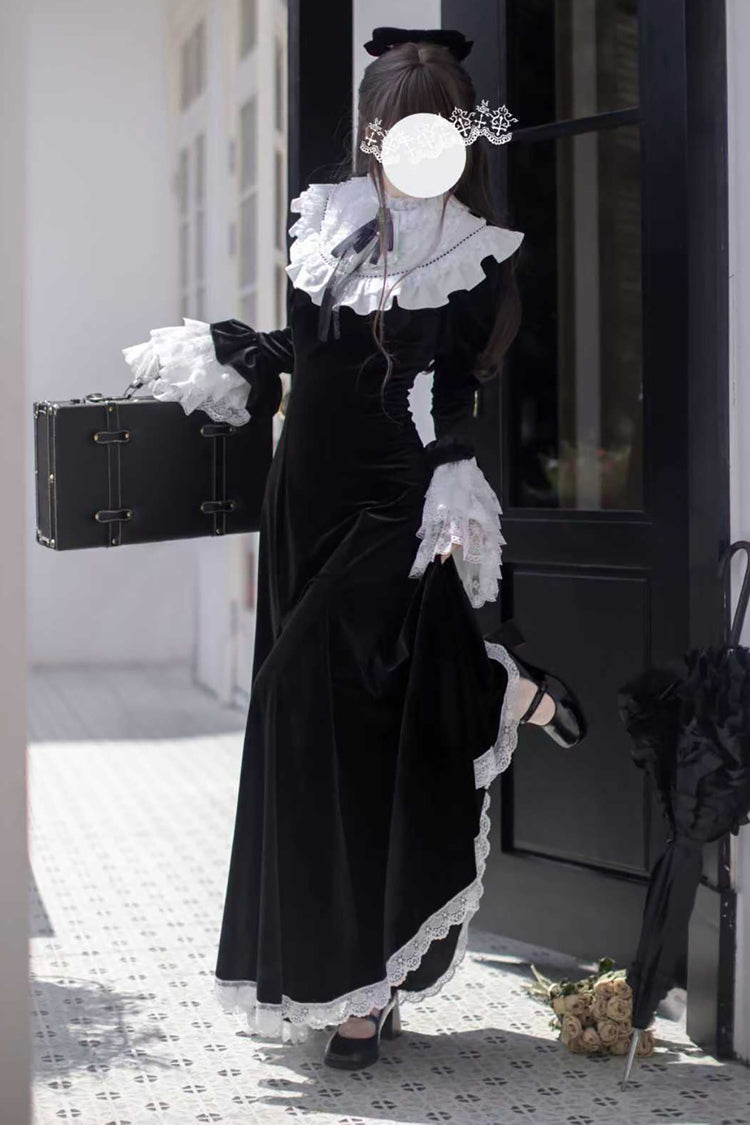 Black [Raven-Feather Poetic Letter] Velvet Long Hime Sleeves Ruffle Bowknot Gothic Elegant Lolita Fishtail Dress