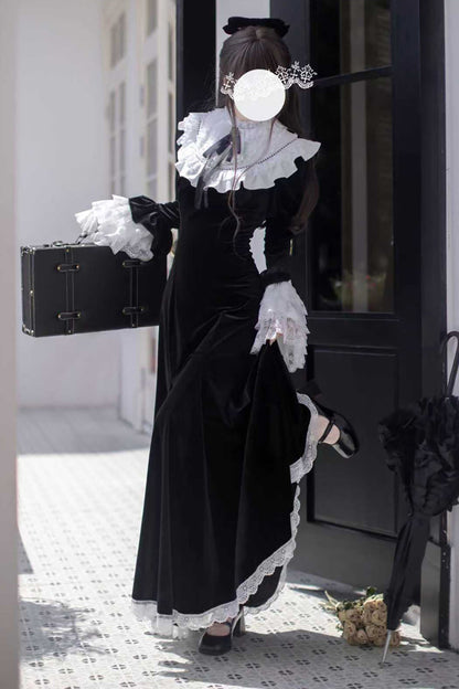 Black [Raven-Feather Poetic Letter] Velvet Long Hime Sleeves Ruffle Bowknot Gothic Elegant Lolita Fishtail Dress