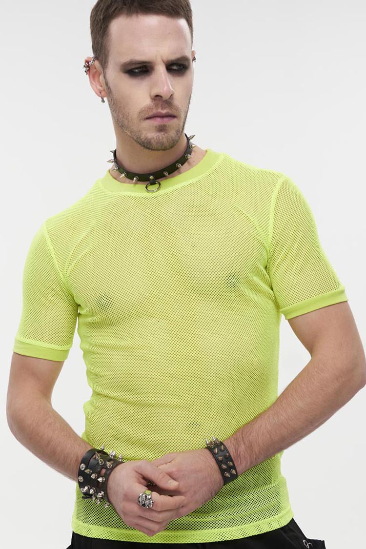 Yellow Gothic Crew Neck Diamond-Shaped Net Hyperelastic Short Sleeve Men's T-Shirt