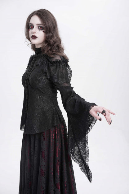 Black Stand Collar Long Trumpet Sleeves Embroidery Stitching Lace Women's Gothic Blouse