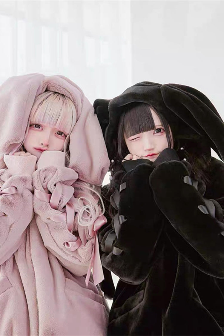 Black Rabbit Ears Long Sleeves Bowknot Lace-Up Hooded Jirai Kei Coat