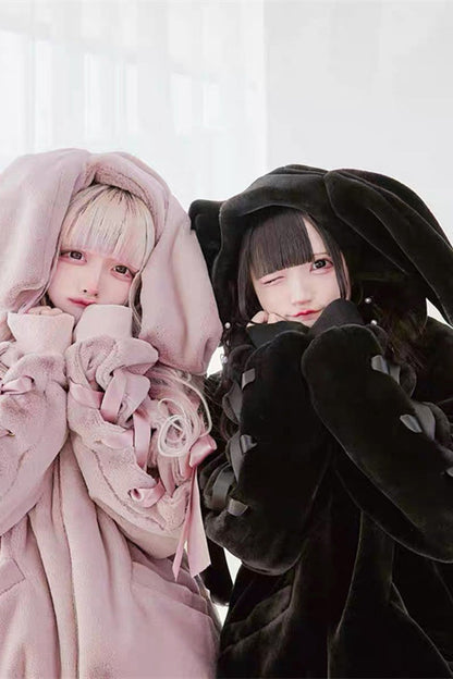 Black Rabbit Ears Long Sleeves Bowknot Lace-Up Hooded Jirai Kei Coat