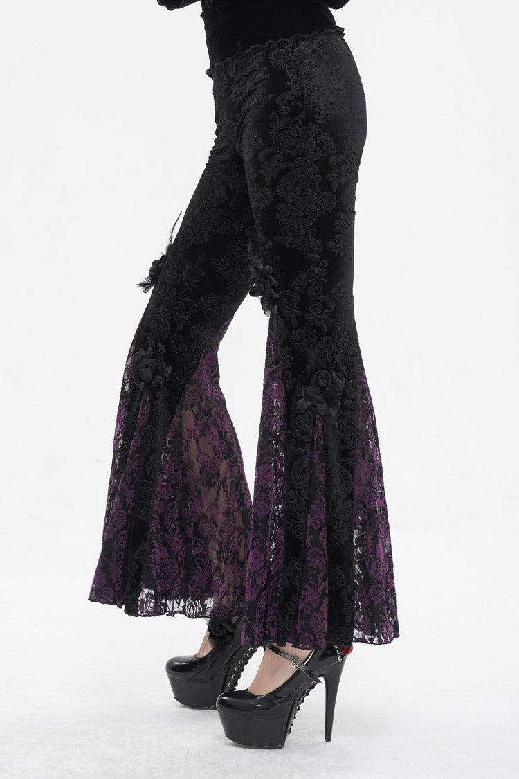 Black/Purple Printed Lace Embroidered Women's Gothic Flared Pants