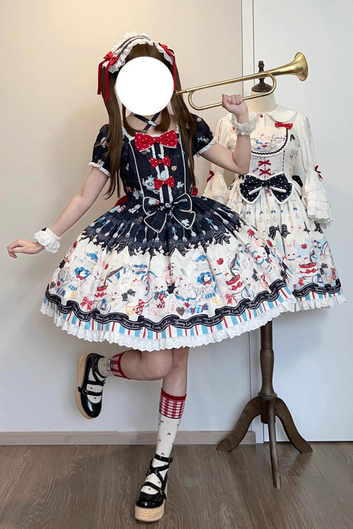 Black [Mystery Rabbit Tea Party] Square Collar Short Sleeves Print Ruffle Bowknot Lace Sweet Lolita Dress