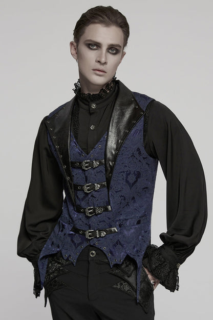 Black/Blue Lapel V-neck Sleeveless Jacquard Buckle Men's Gothic Vest