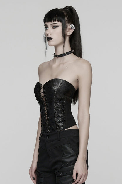 Black Sleeveless Lace-Up Side Zipper Pleated Women's Punk Corset