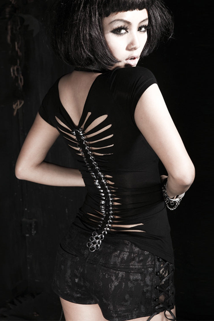 Black Skull Bone Print Hollow Slim Metal Chain Women's Steampunk Vest
