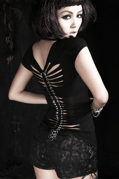 Black Skull Bone Print Hollow Slim Metal Chain Women's Steampunk Vest