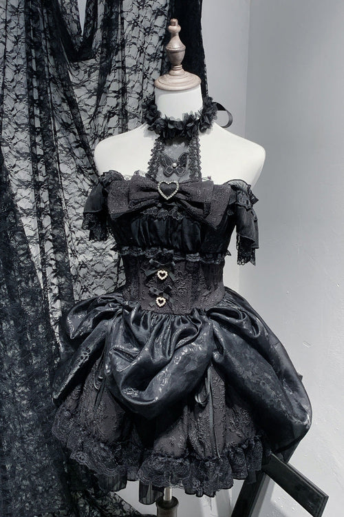 Black [Rose Dream] Halterneck Short Sleeves Print Ruffle Bowknot Lace Gothic Jirai Kei Dress