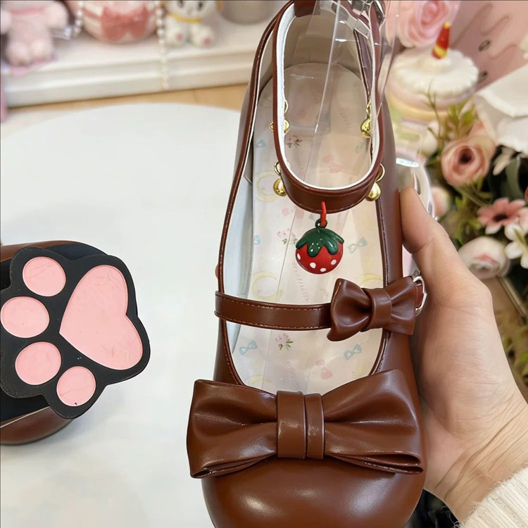 Round Toe Bow Mid Heel Lolita Mary Jane Shoes with Cat Paw Heels & Ankle Bells 6 Colors