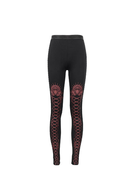 Black/Red Printed Decoration Tie Rope Elasticity Women's Gothic Leggings