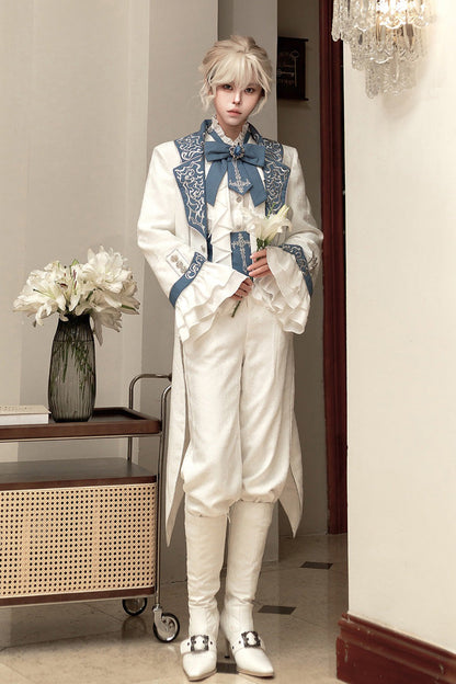 White [Moonlit Paladin Prince] Ruffle Embroidery Bowknot Classic Prince Handsome Ouji Lolita Set
