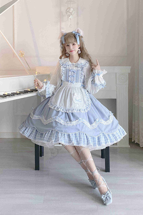 Blue Lapel Collar Bowknot Multi-Layer Ruffled Sweet Lolita JSK Dress