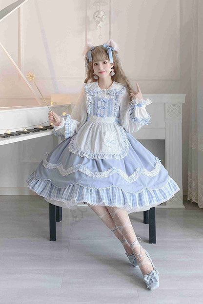 Blue Lapel Collar Bowknot Multi-Layer Ruffled Sweet Lolita JSK Dress