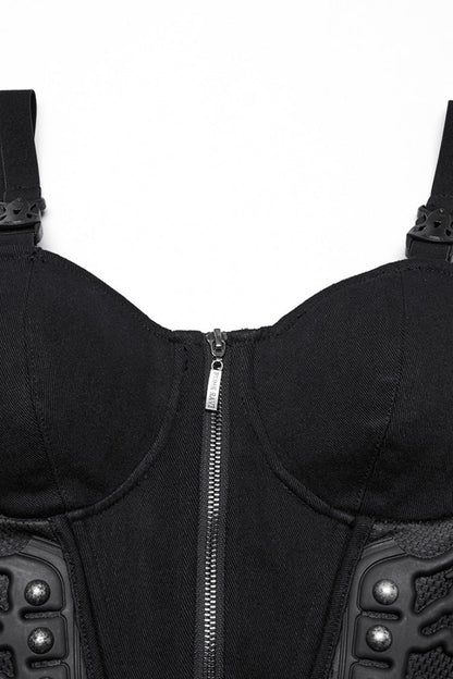 Black Sleeveless Lace-Up Rivet Buckle Women's Punk Vest